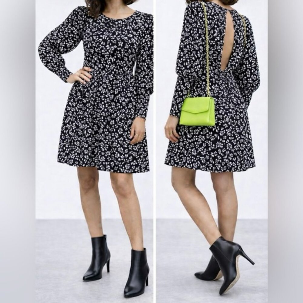 Topshop NWT Size 14 Austin Black Floral Mini Dress Puff Sleeve Open Back